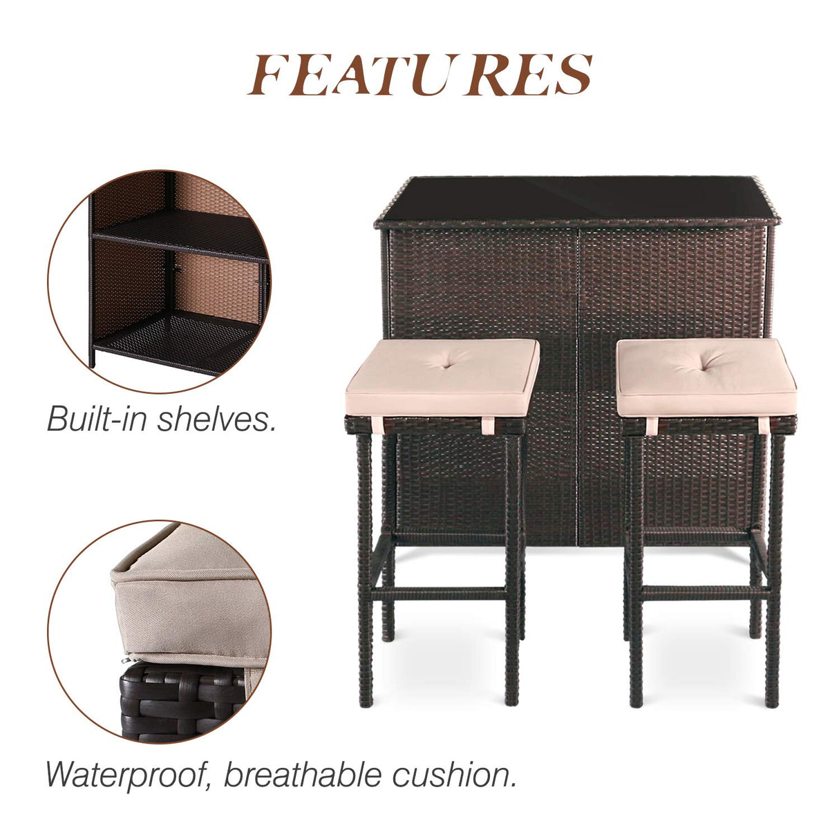 SOLAURA 3-Piece Outdoor Patio Bar Set Black Brown Wicker Bar Table Set Patio Furniture and Two Stools with Cushions for Backyards, Lawn, Garden or Poolside