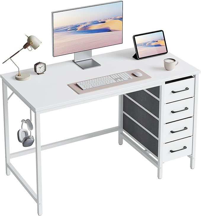 40 Inch Computer Reversible Desk with 4 Storage Drawers, Small Home Office Kids