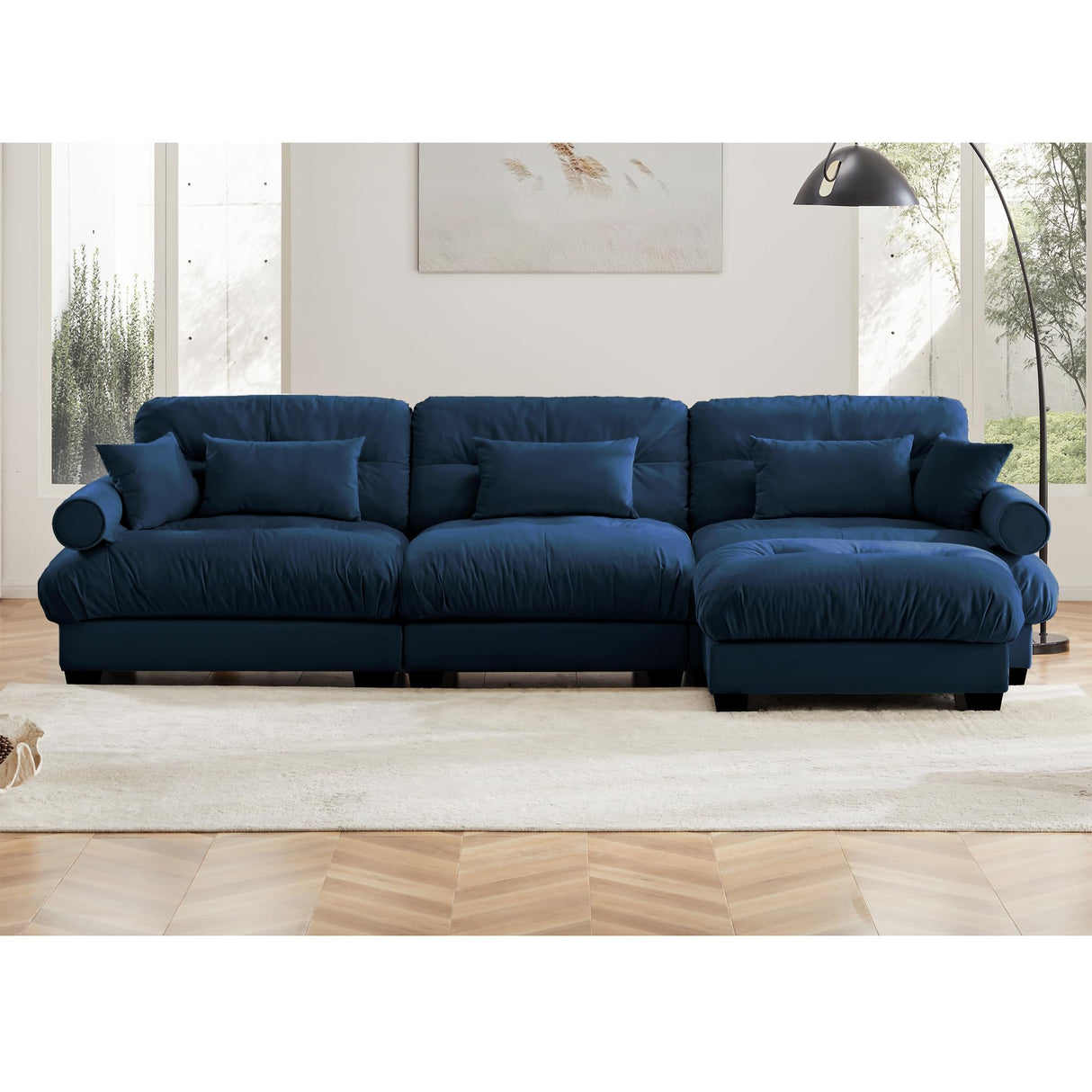 Luspaz 3-Seater Deep Seat Modular Velvet Cloud Sofa with Ottoman – Blue
