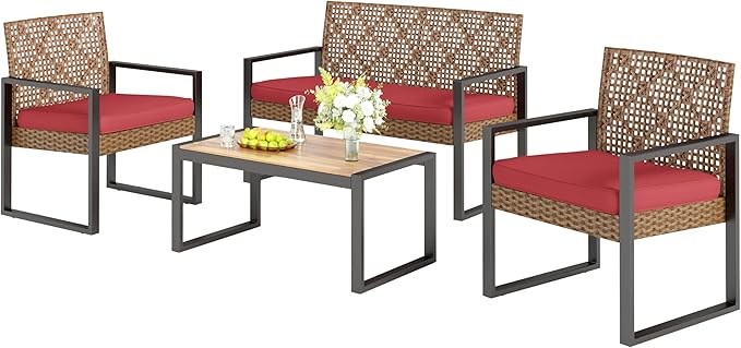 4 Pieces Patio Conversation Set, Wicker Outdoor Furniture Set for 4