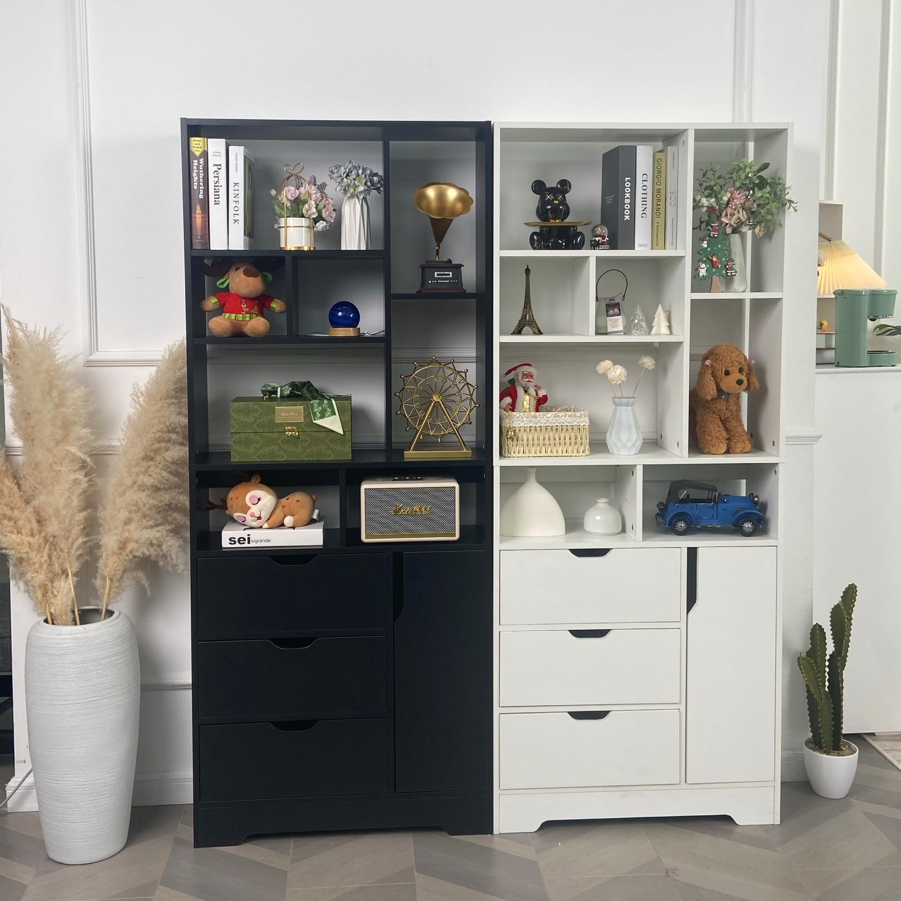 Stylish White Bookshelf, 71" Tall Bookshelf with Doors and 3 Drawers