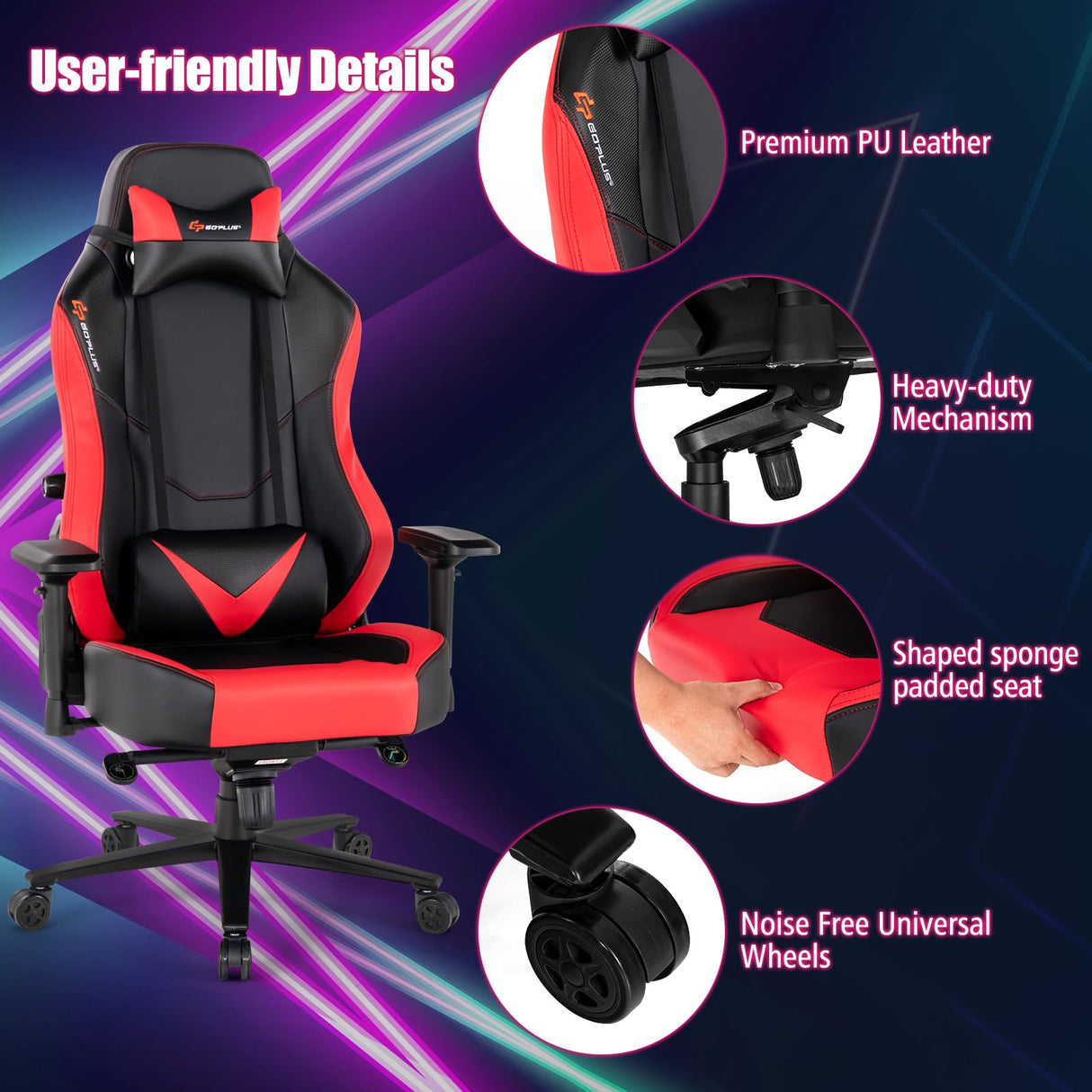 360° Swivel Gaming Chair with 4D Armrest & Multi-Angle Reclining - Red