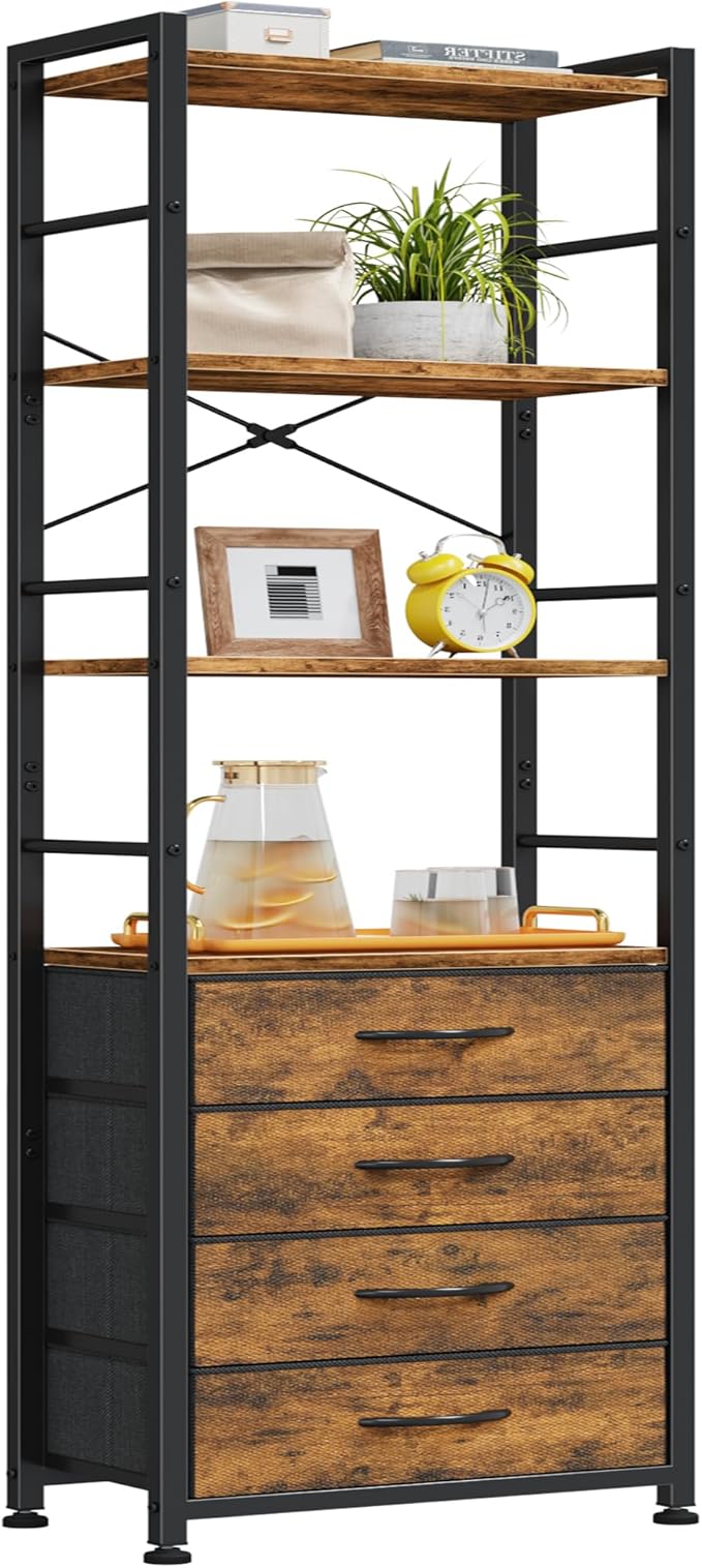 Bookshelf with 4 Fabric Drawers, 6-Tier Tall Narrow Bookshelf with Storage