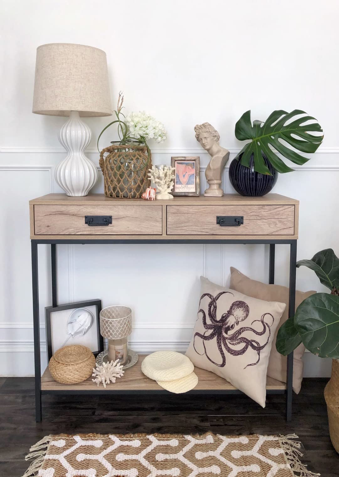 Oak Wood Console Table with 2 Drawers, Hallway Foyer Table with Storage Shelves