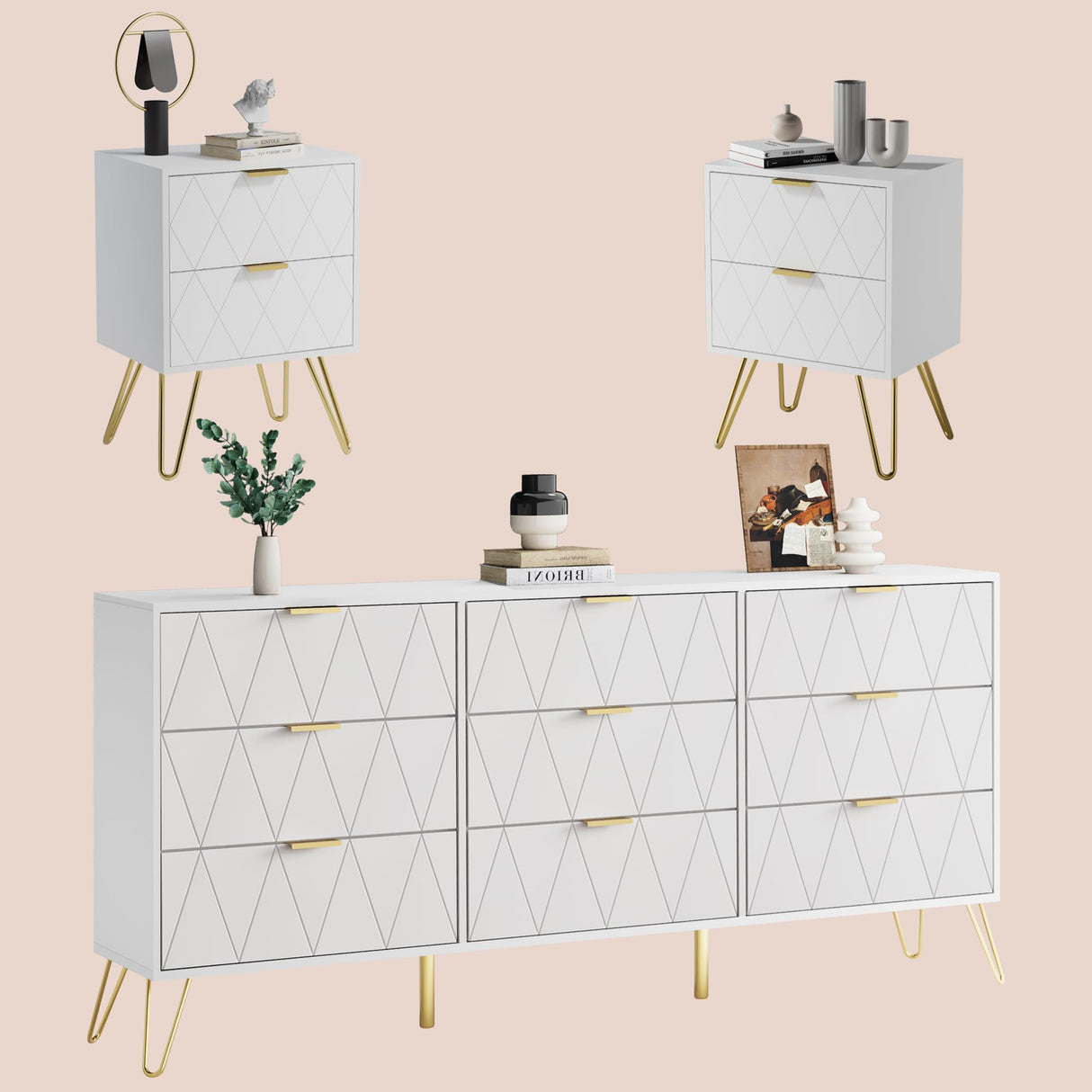 9 Drawer Dresser and Night stand Sets for Bedroom, Two Drawers Nightstand Set of 2