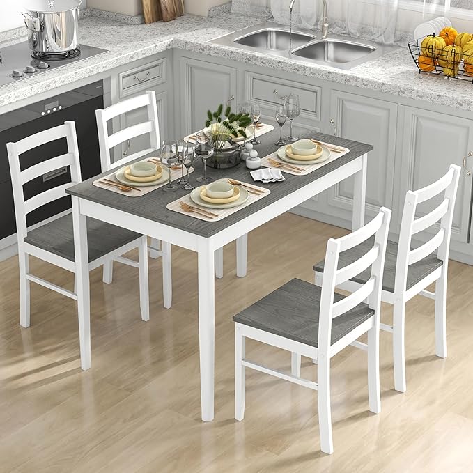 Set for 4, Solid Wood, Farmhouse Dinette Set w/Rubber Wood Legs, Mid-Century Modern