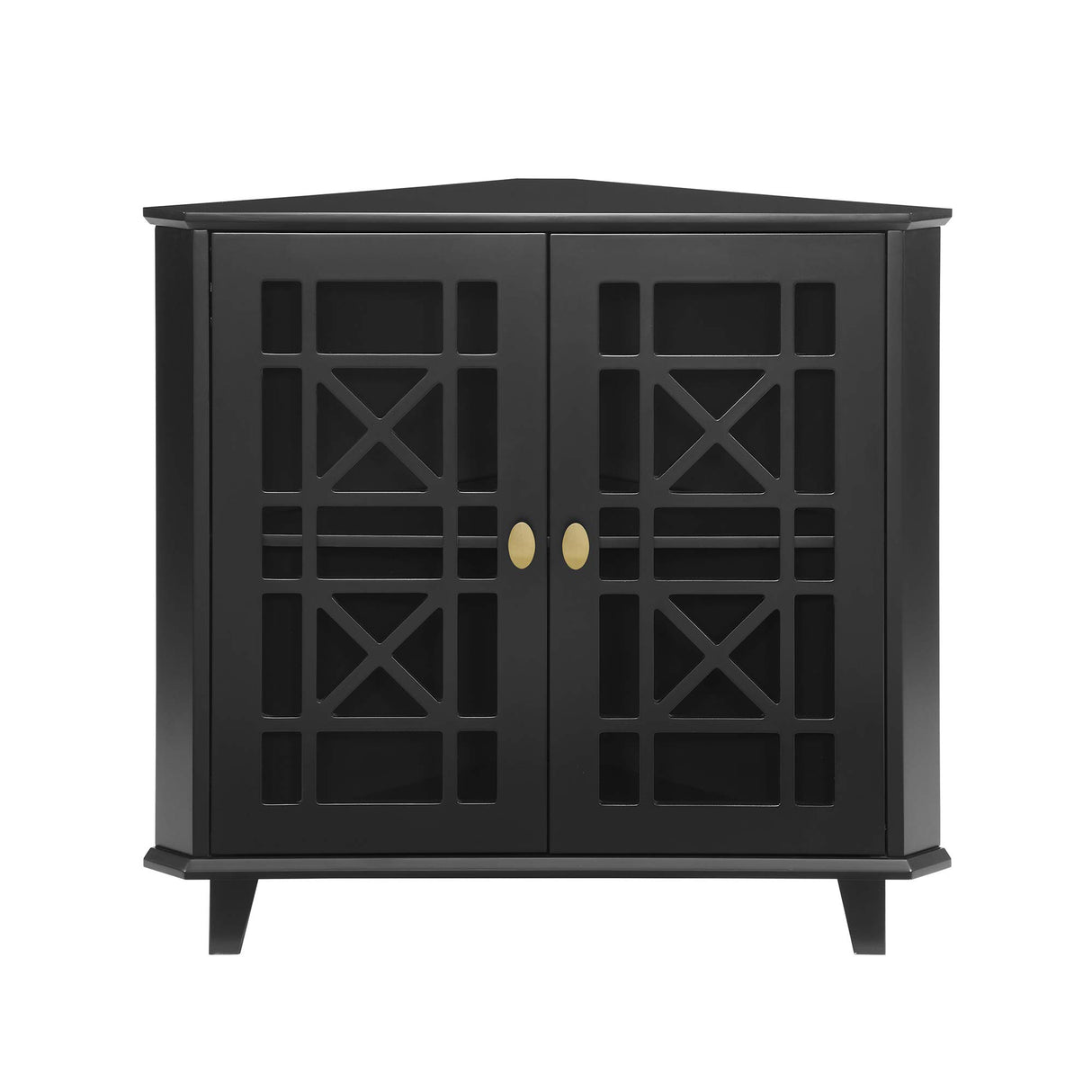 Ronne 2 Door Corner Accent Table with Fretwork Detail, 32 Inch, Black