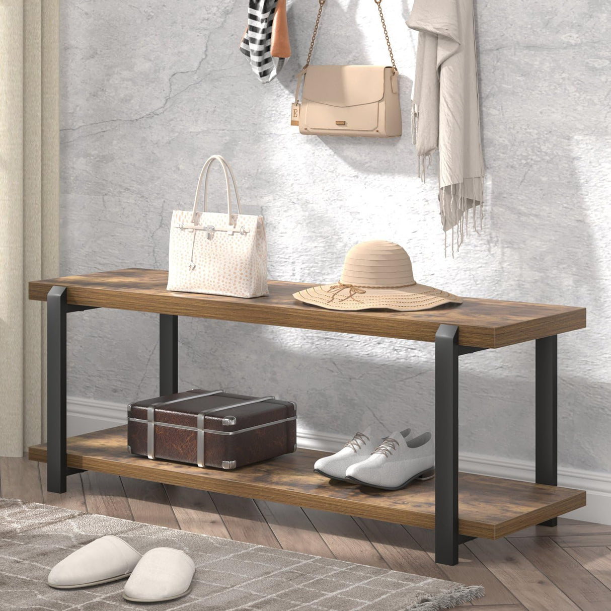 Entryway Bench, Industrial Shoe Storage Bench