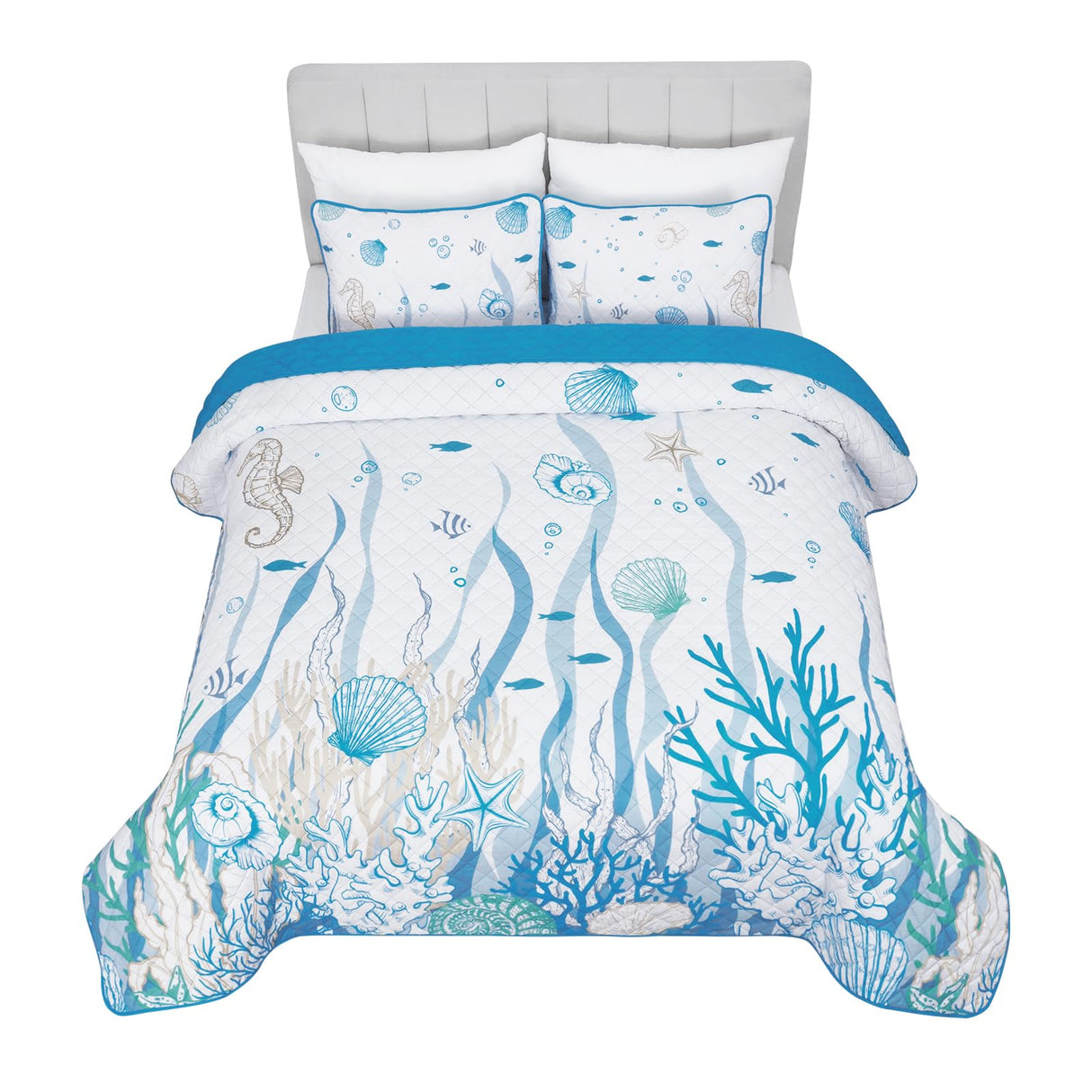 Coastal Quilt, Summer Beach 3 Piece Quilt Sets King Size with 2 Pillowcases