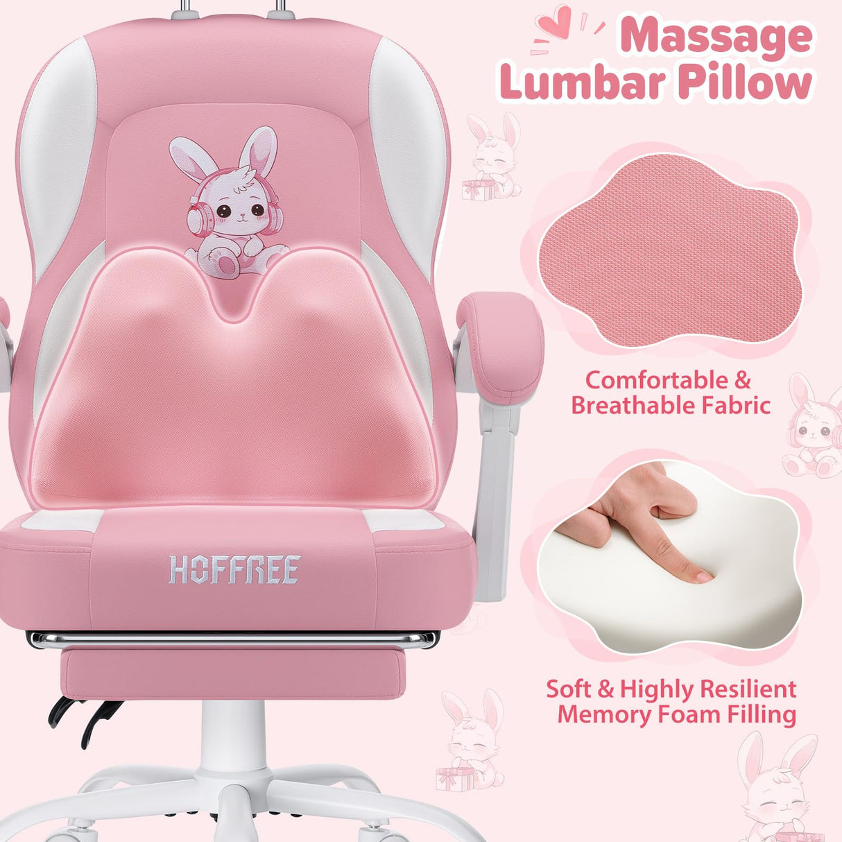 Kids Gaming Chair with Bunny Massage Lumbar Pillow - Pink Desk Chair with Adjustable Headrest & Footrest