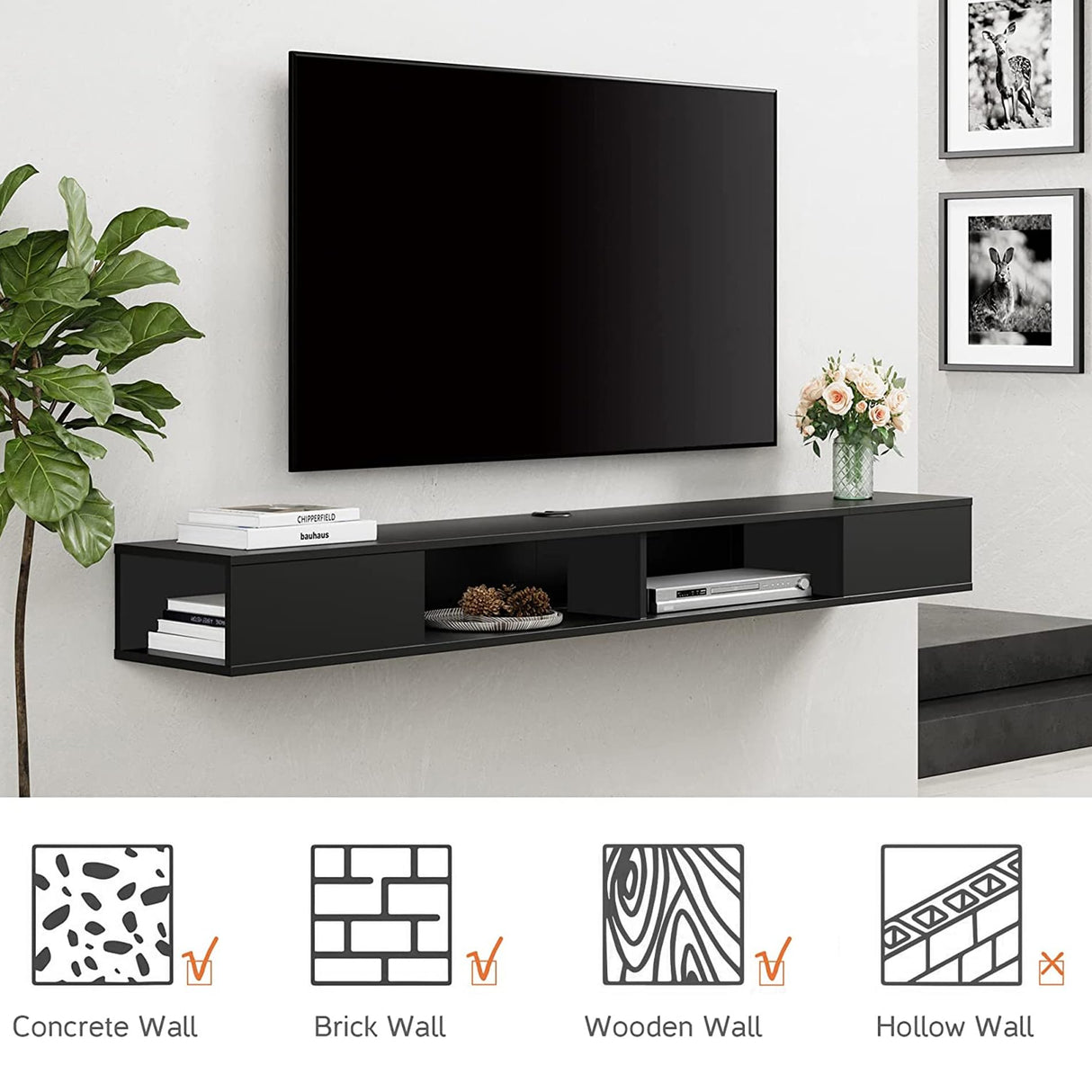 Black Floating TV Shelf 70 inch, Entertainment Center Wall Mounted Media Console
