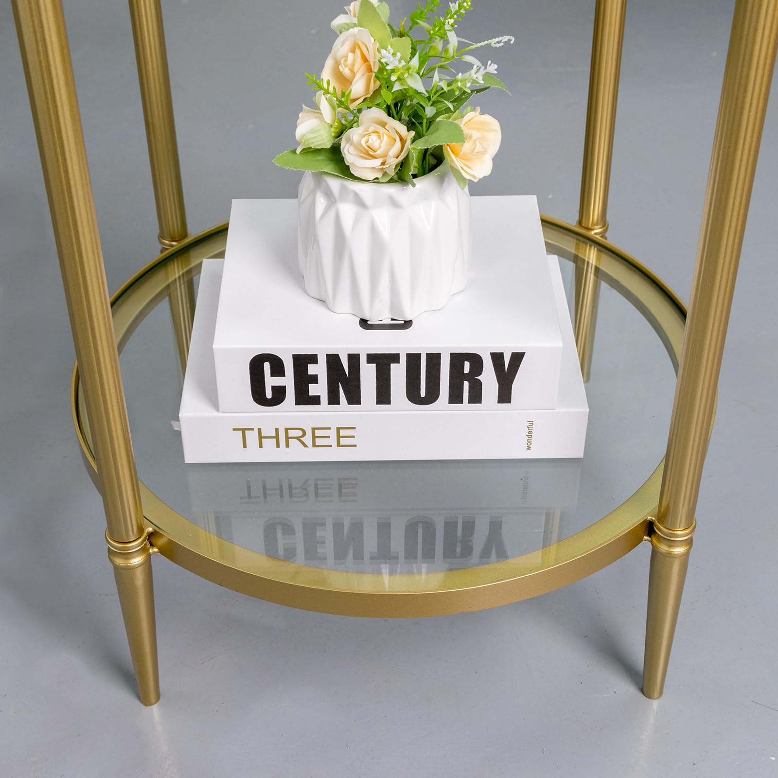 2 Tier Round Side Table, Gold End Table with Glass Top, Modern Metal Clear Coffee Table