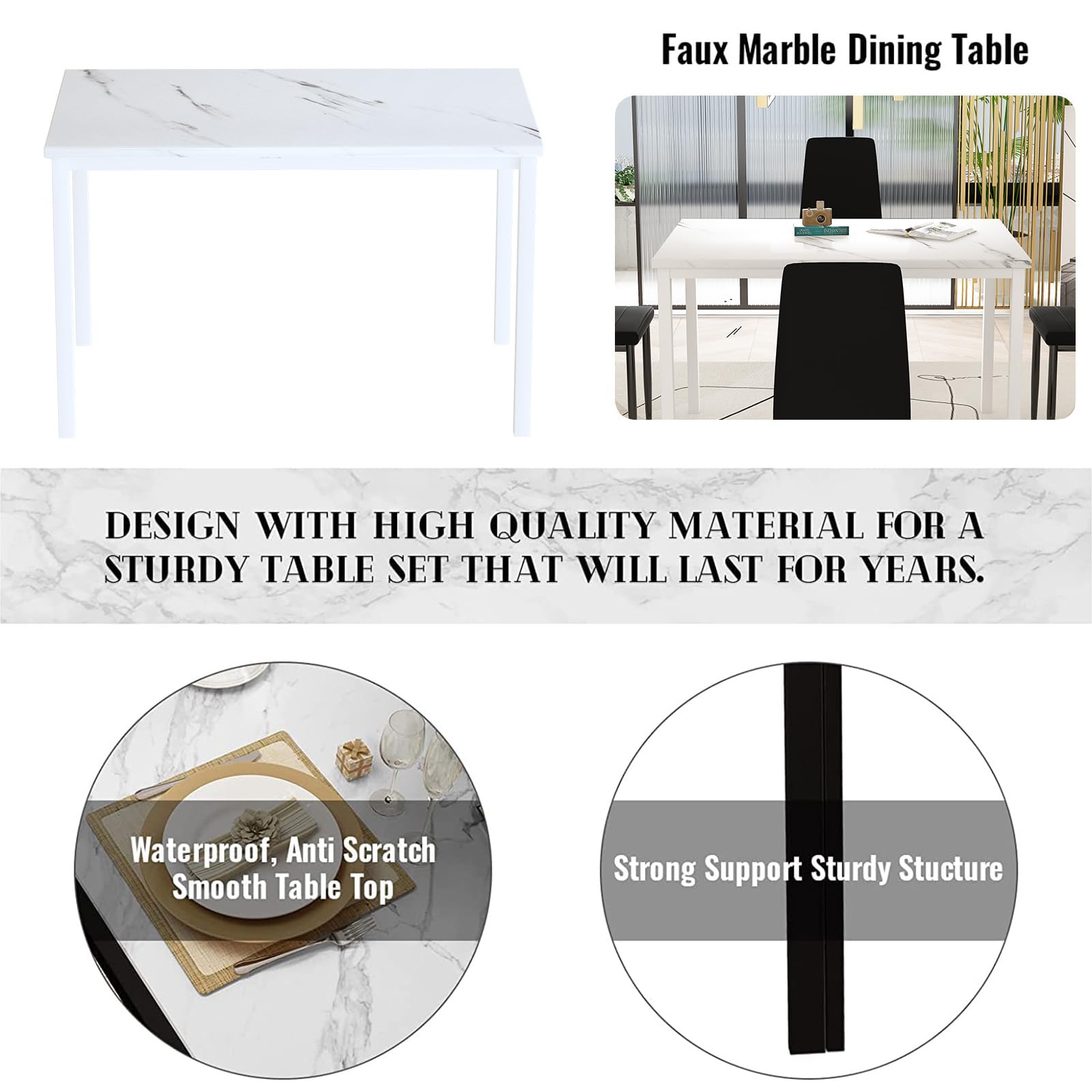 Dinning Table Sets for 4, 5 Piece Dining Room Table Set with PU Leather Chairs