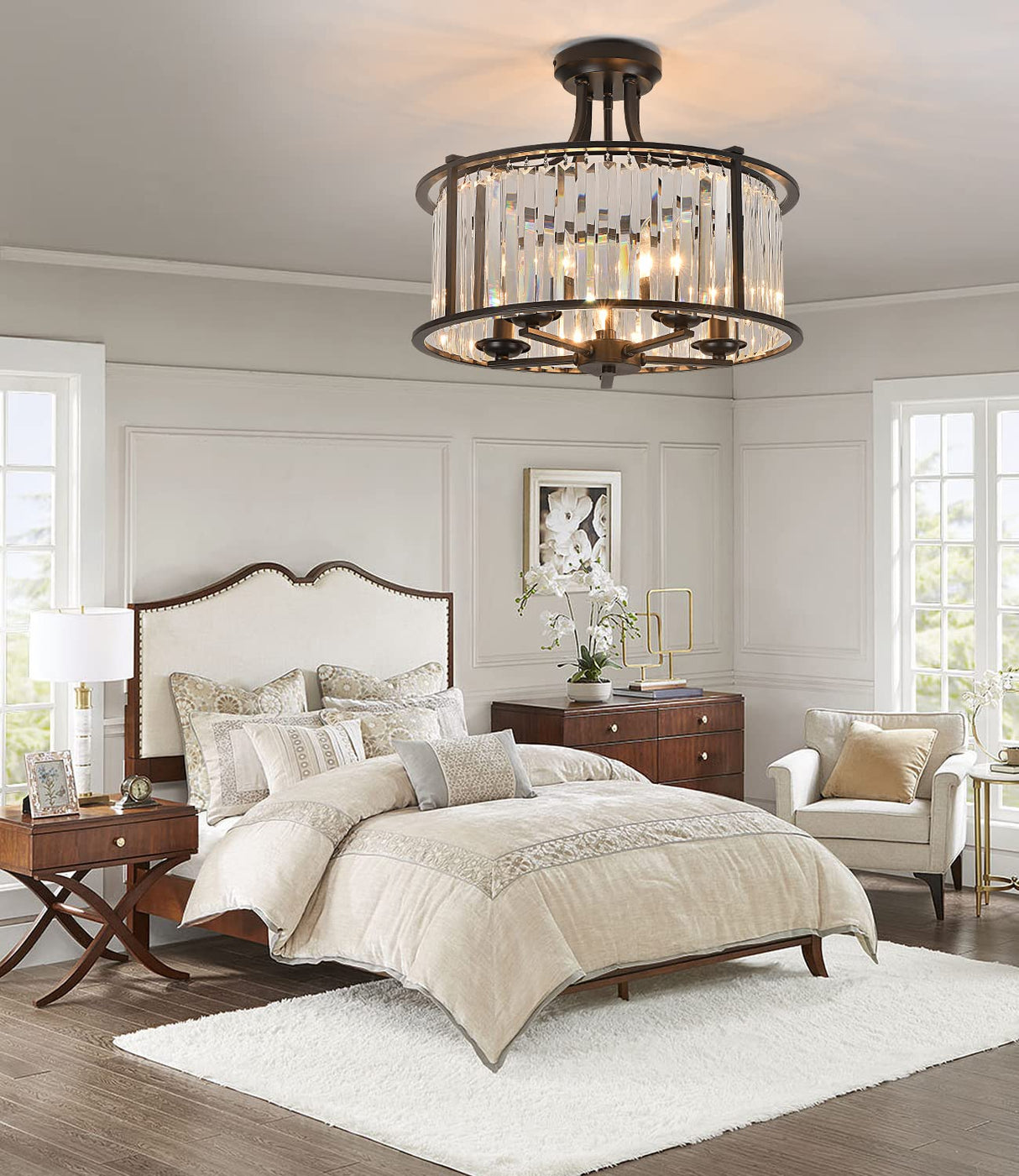 5-Light Black Semi Flush Mount Crystal Chandelier Metal Modern Ceiling Light