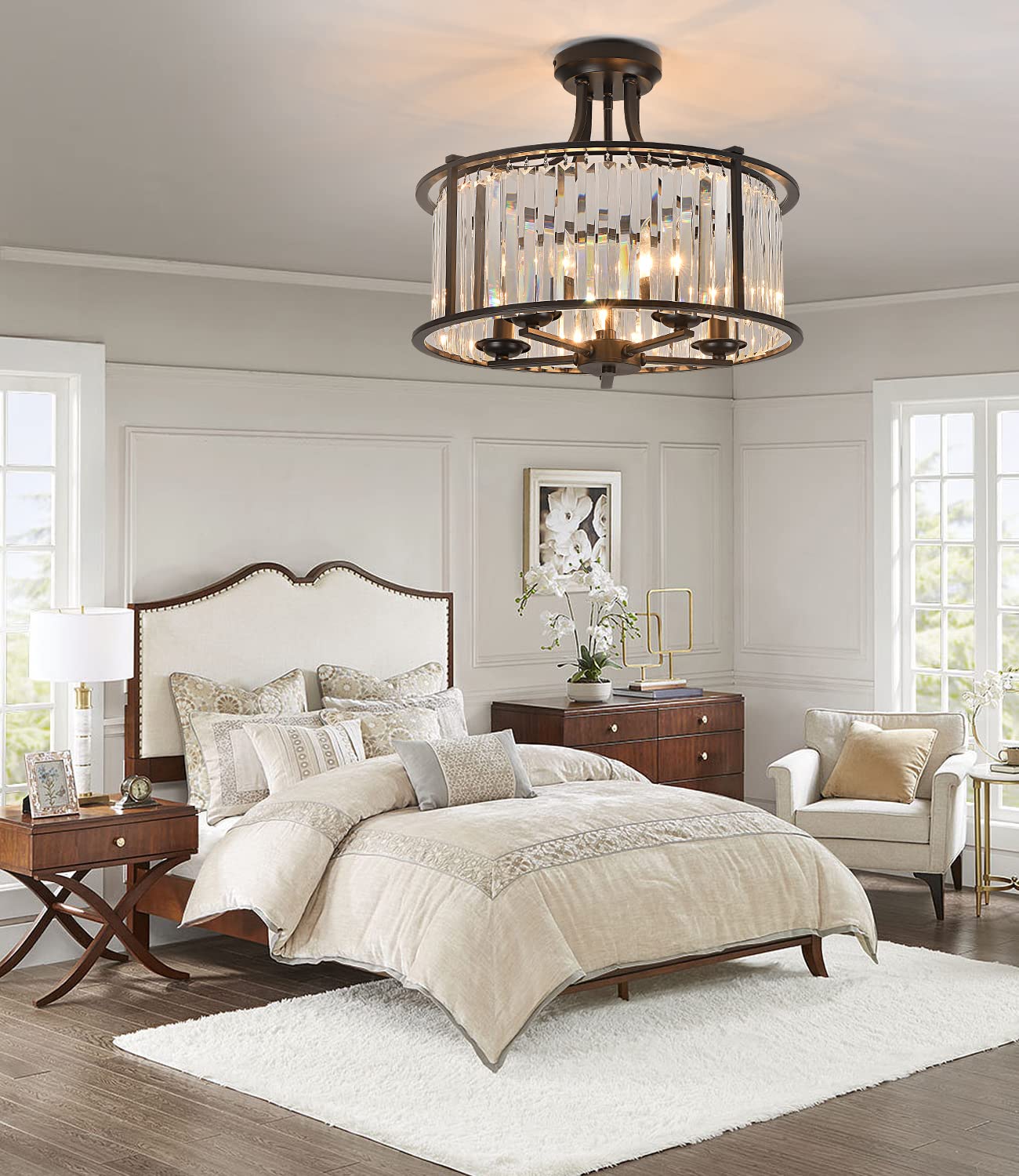 5-Light Black Semi Flush Mount Crystal Chandelier Metal Modern Ceiling Light