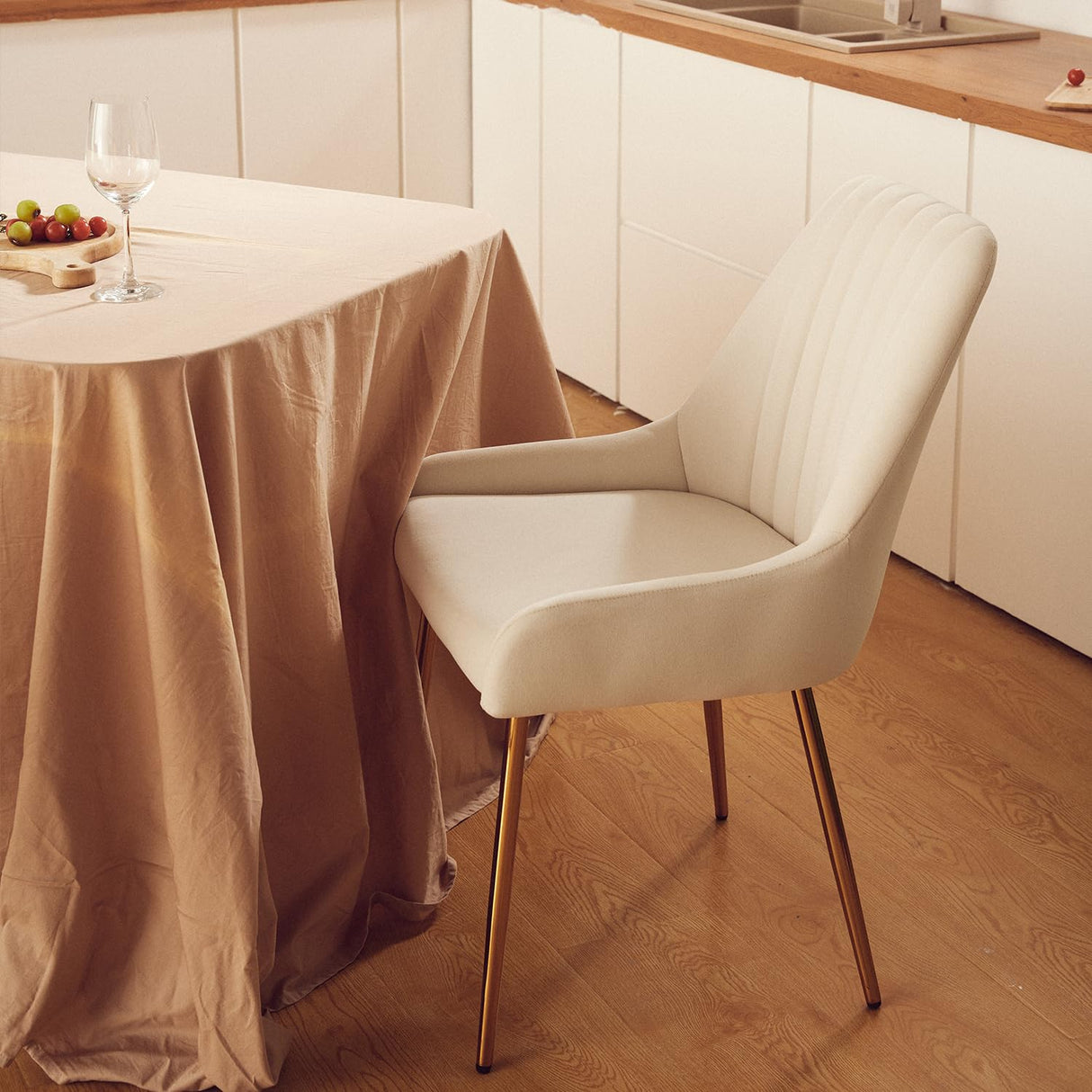 Mid-Century Modern Dining Chairs Set of 2 - White Velvet with Gold Metal Legs