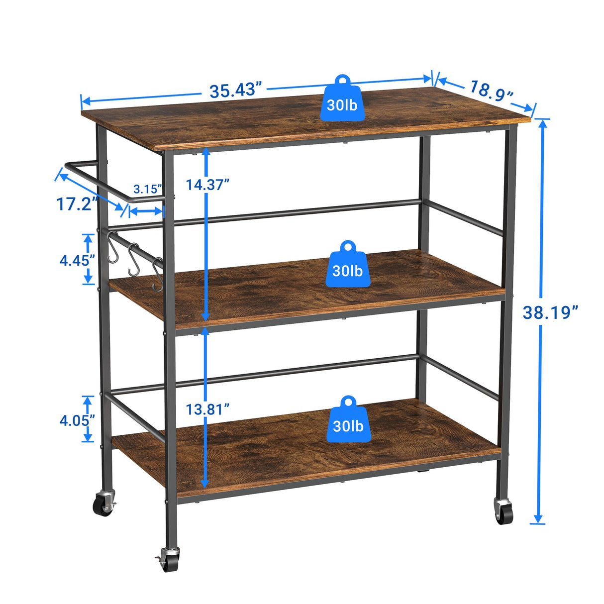 Kitchen Island on Wheels with 3 Shelves, Rolling Utility Trolley Cart