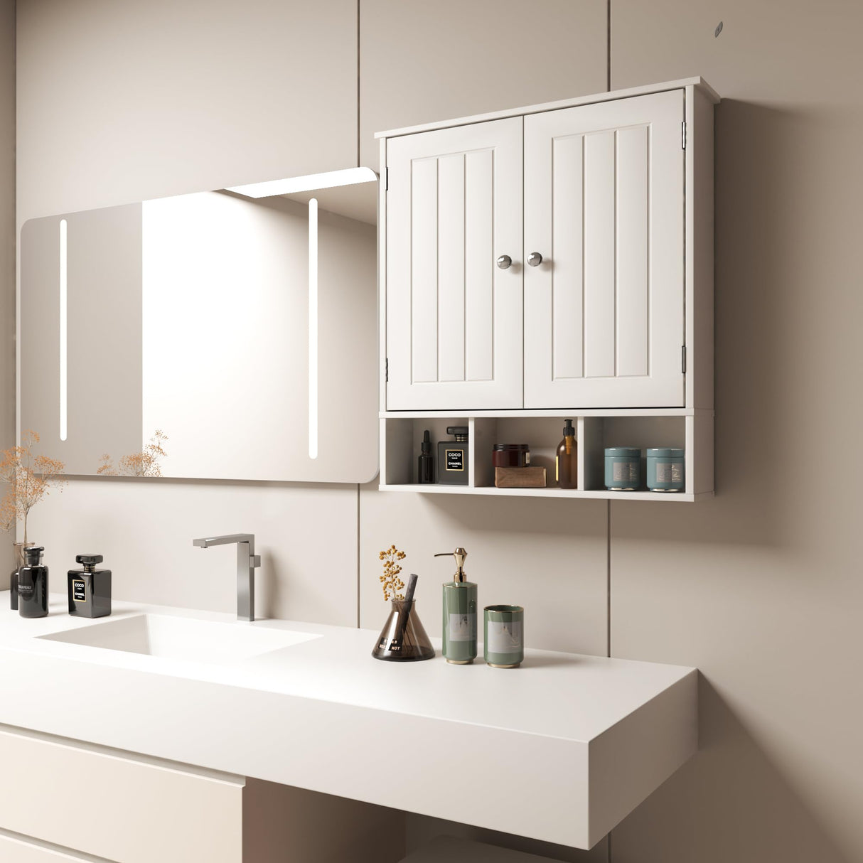 Bathroom Medicine Cabinet 2 Doors with 3 Open Shelves, Over The Toilet Storage