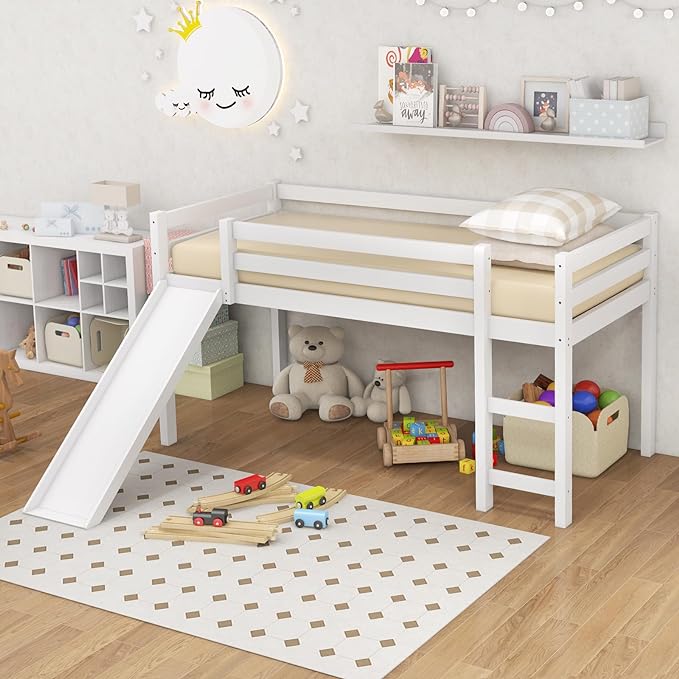Twin Loft Bed with Slide, Wood Low Loft Bed for Kids