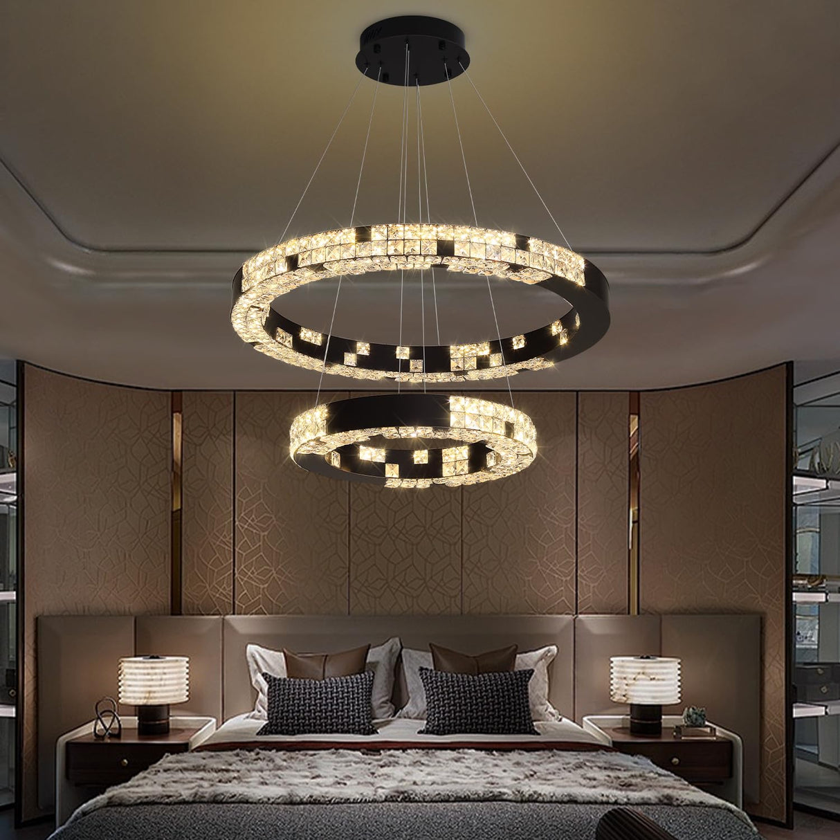 Modern Chandelier Black 2 Ring Crystal Chandeliers for Living Room High Ceiling Chandelier