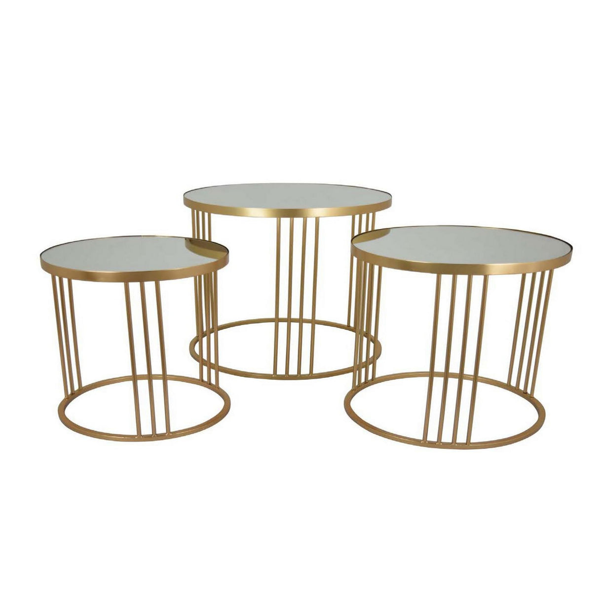 Set of 3 Accent Nesting Tables, Round Mirrored Top, Modern Gold Metal