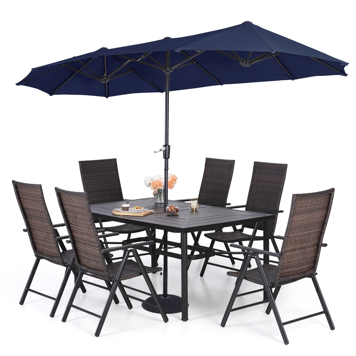 8 Pieces Patio Furniture Set with 13 ft Navy Double-Sided Umbrell