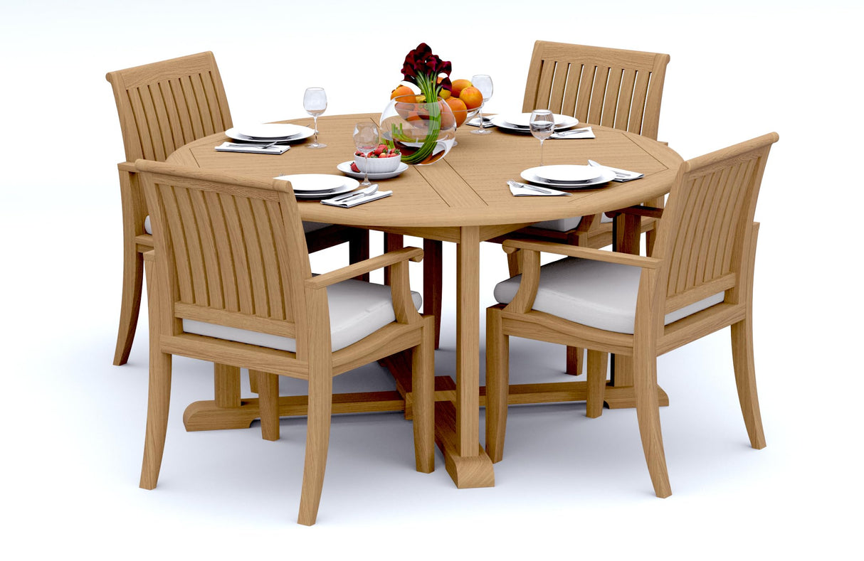 4 Seats 5 Pcs Grade-A Teak Wood Dining Set: 60" Round Table and 4 Lagos Arm