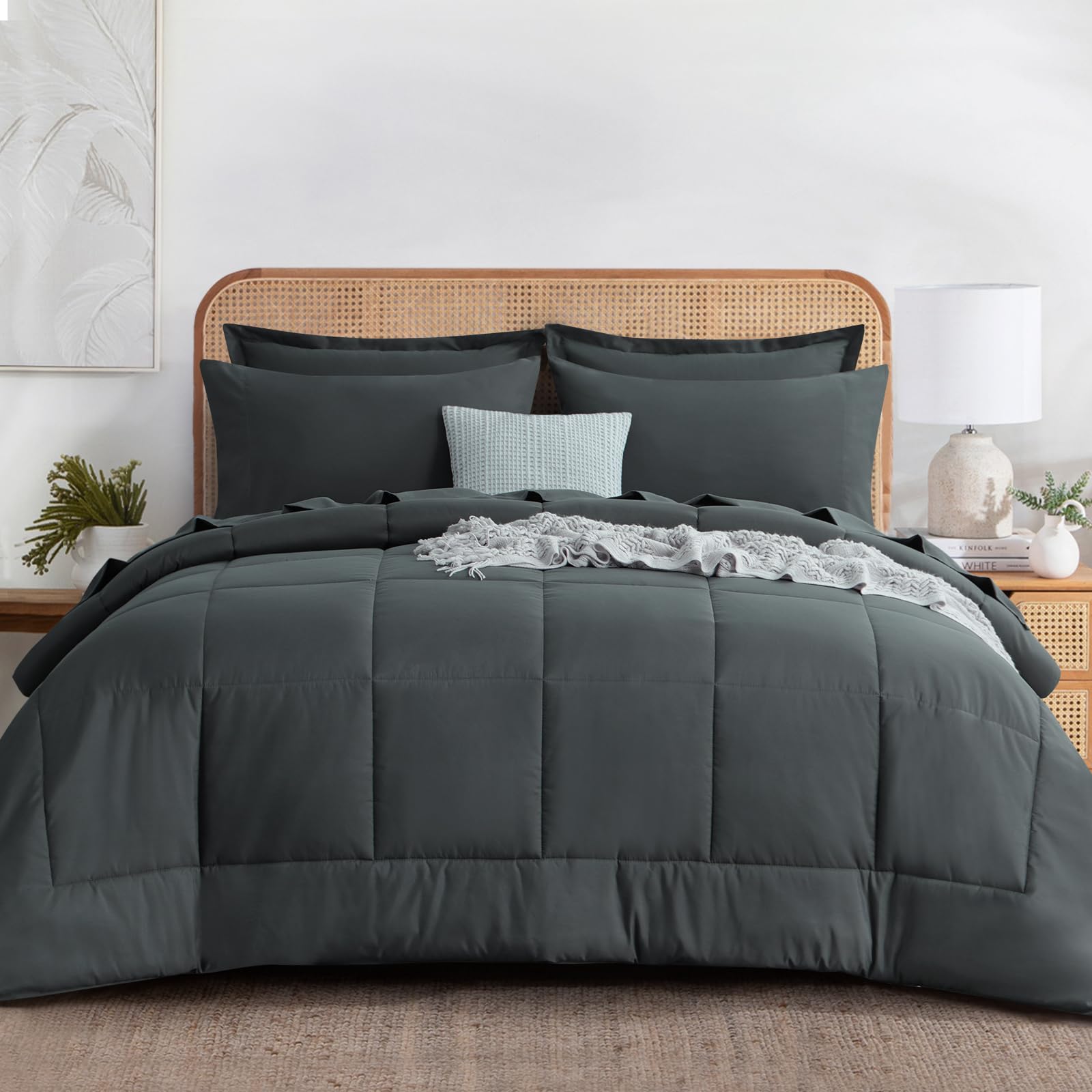 King Bed Comforter Set with Sheets - 7 Pieces Dark Grey King Bedding Set