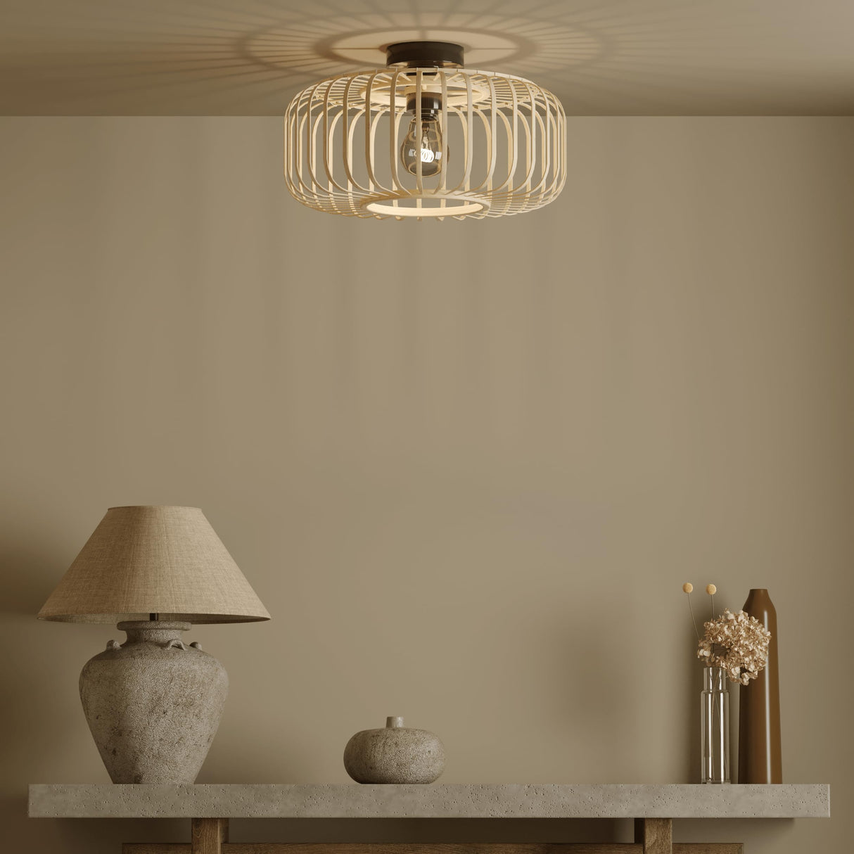 Rattan Flush Mount Light Fixture, 16 Inch Large Boho Light Fixtures Ceiling