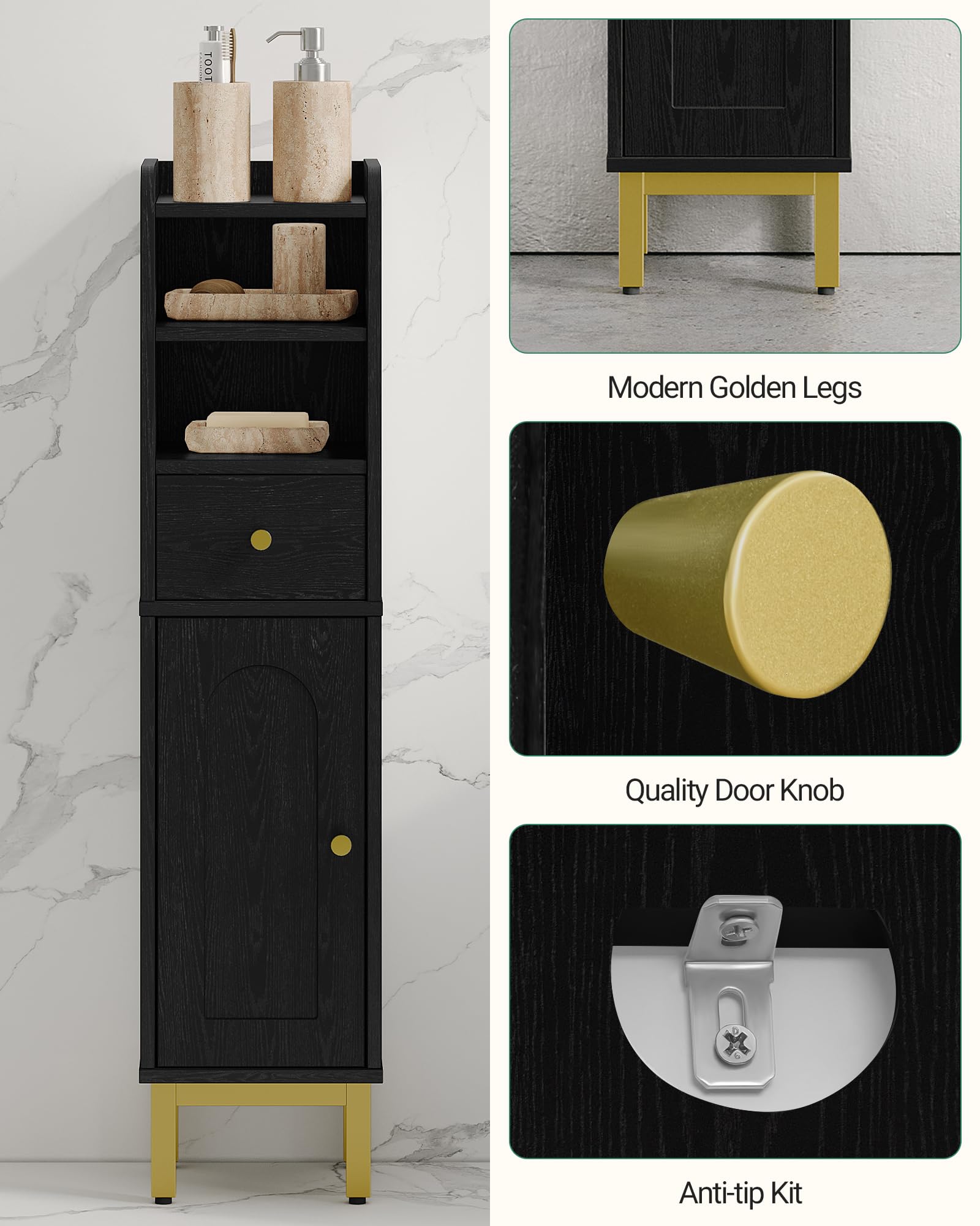 Bathroom Storage Cabinet, Corner Floor Cabinet with Drawers and Doors, Narrow Toilet