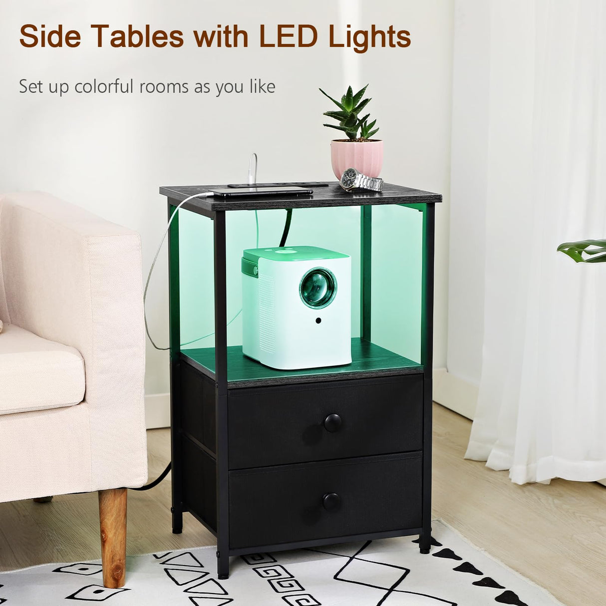 Night Stand Set 2, LED Nightstand with Charging Station