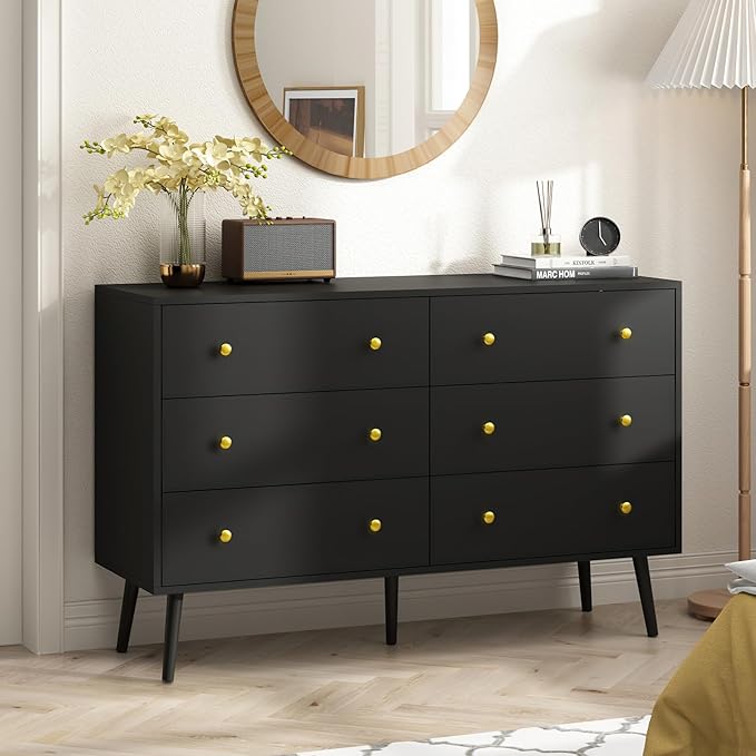 White Dresser for Bedroom, Double Wood Dresser with Gold Handles