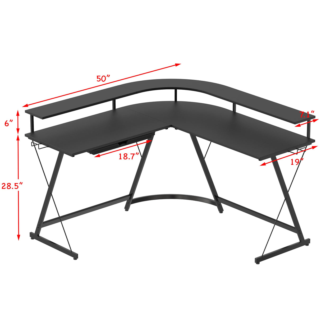 L Shaped Gaming Desk with Full Around Monitor Stand and Drawer, Black