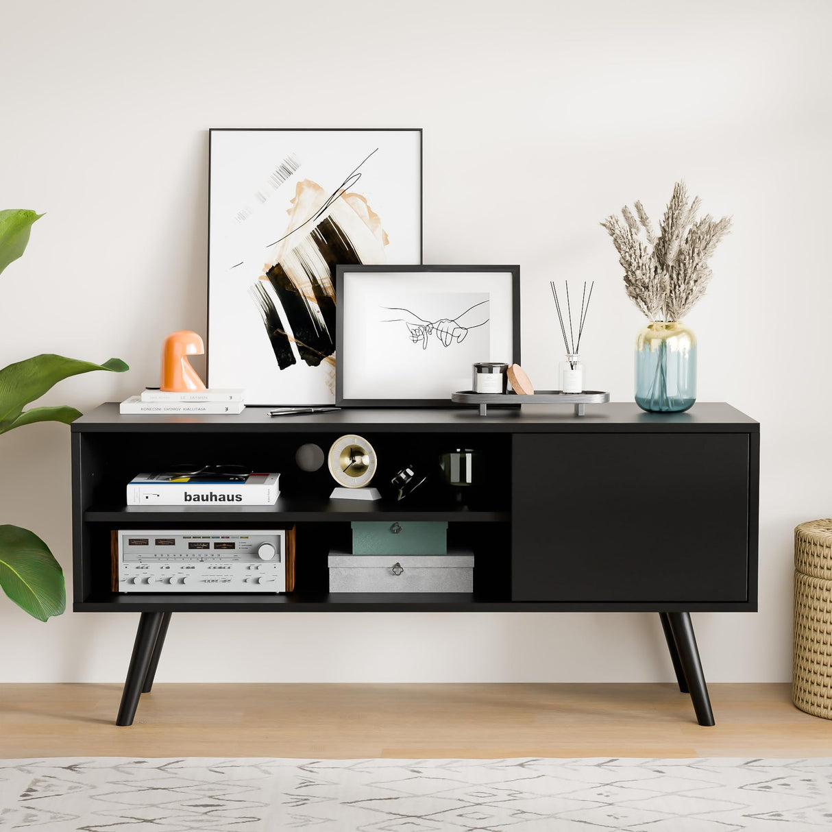 TV Stand for 50 Inch TV, Mid Century Modern Entertainment Center with Storage Cabinet,