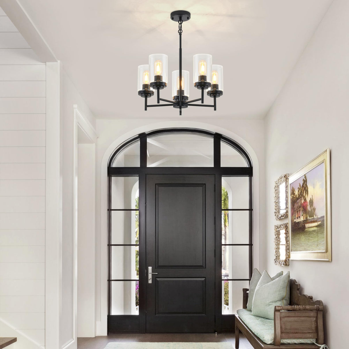 YUEMZS 5-Light Farmhouse Glass Chandelier, Modern Black Chandelier for Living Room Light Fixture, Industrial Chandeliers for Kitchen, Dining Room, Foyer, Entryway