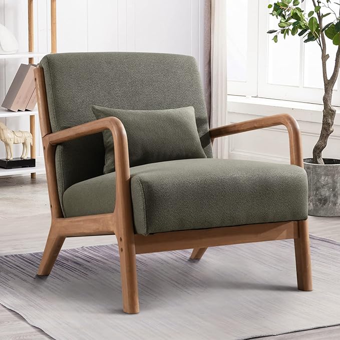 Mid Century Modern Accent Chair with Wood Frame, Upholstered Living Room Chairs