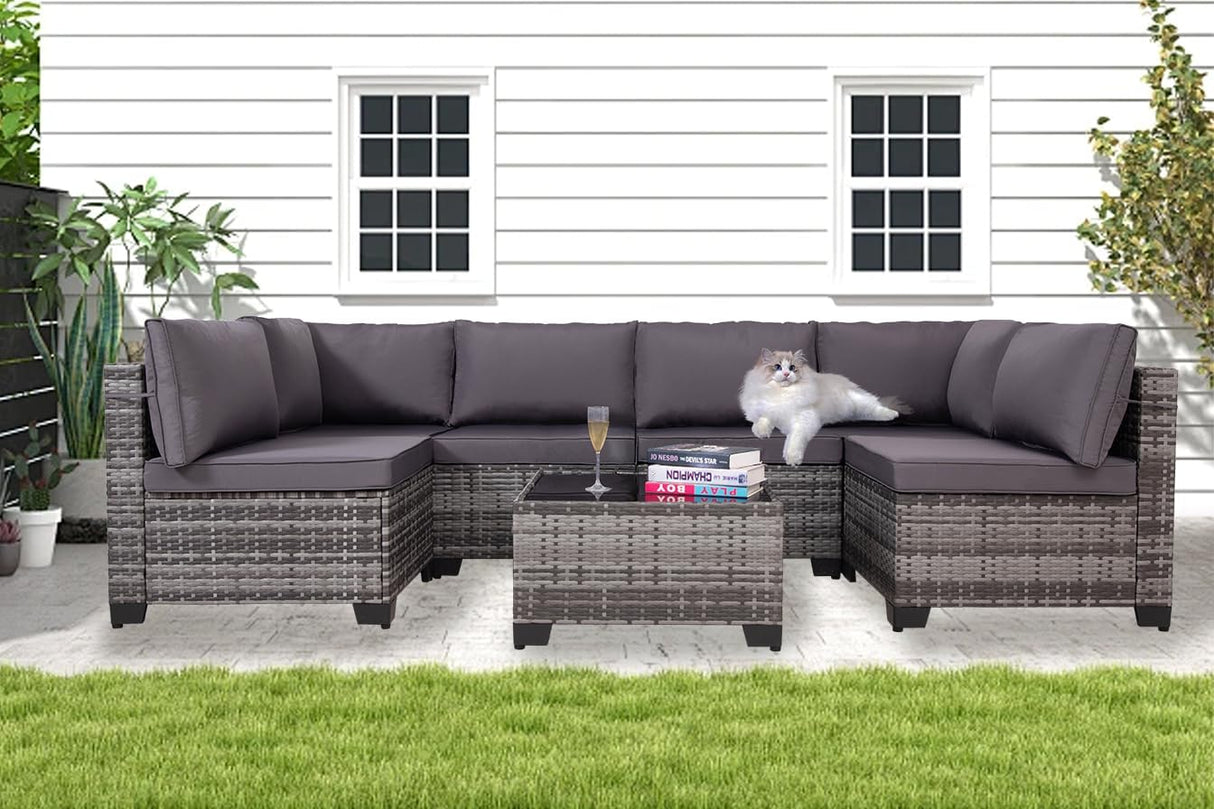 7 Pieces Wicker Patio Furniture Set, Outdoor Sectional Rattan Sofa with Waterproof