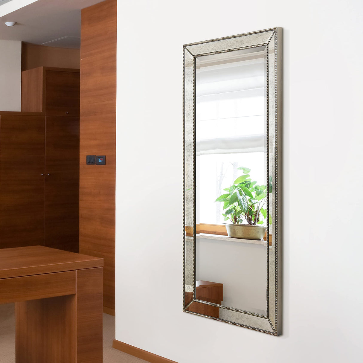 Solid Wood Frame Wall, Beveled Center Antique Mirror for Bathroom