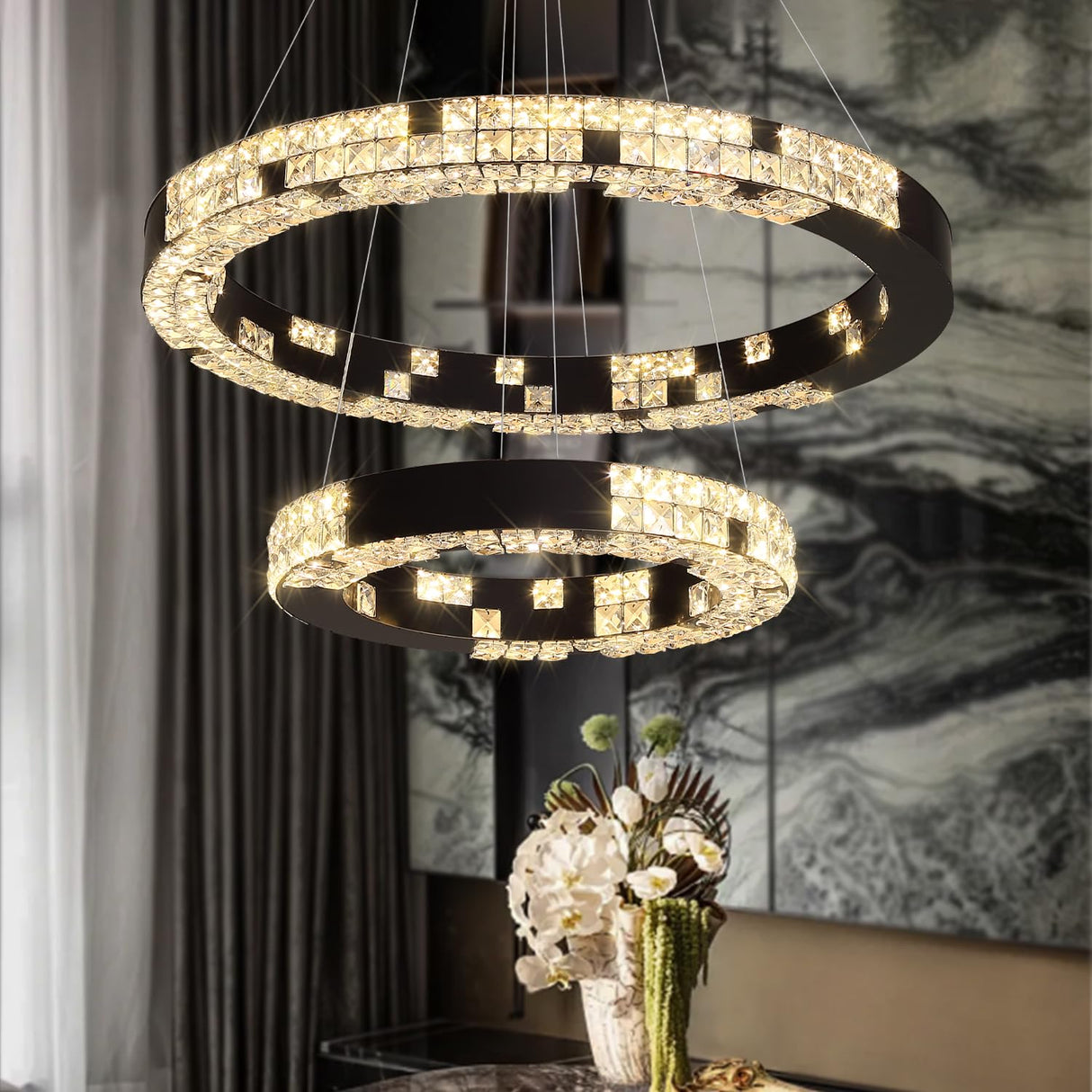 Modern Chandelier Black 2 Ring Crystal Chandeliers for Living Room High Ceiling Chandelier