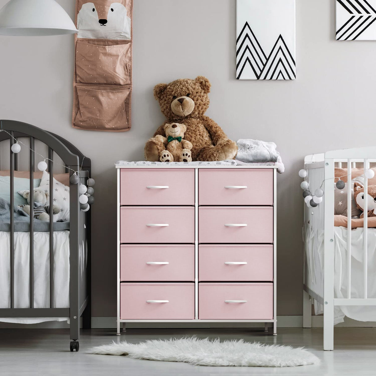 Kids Pink Dresser with 8 Drawers + 11 Inch Pink Cube Storage Bins (6 Pack) Bundle