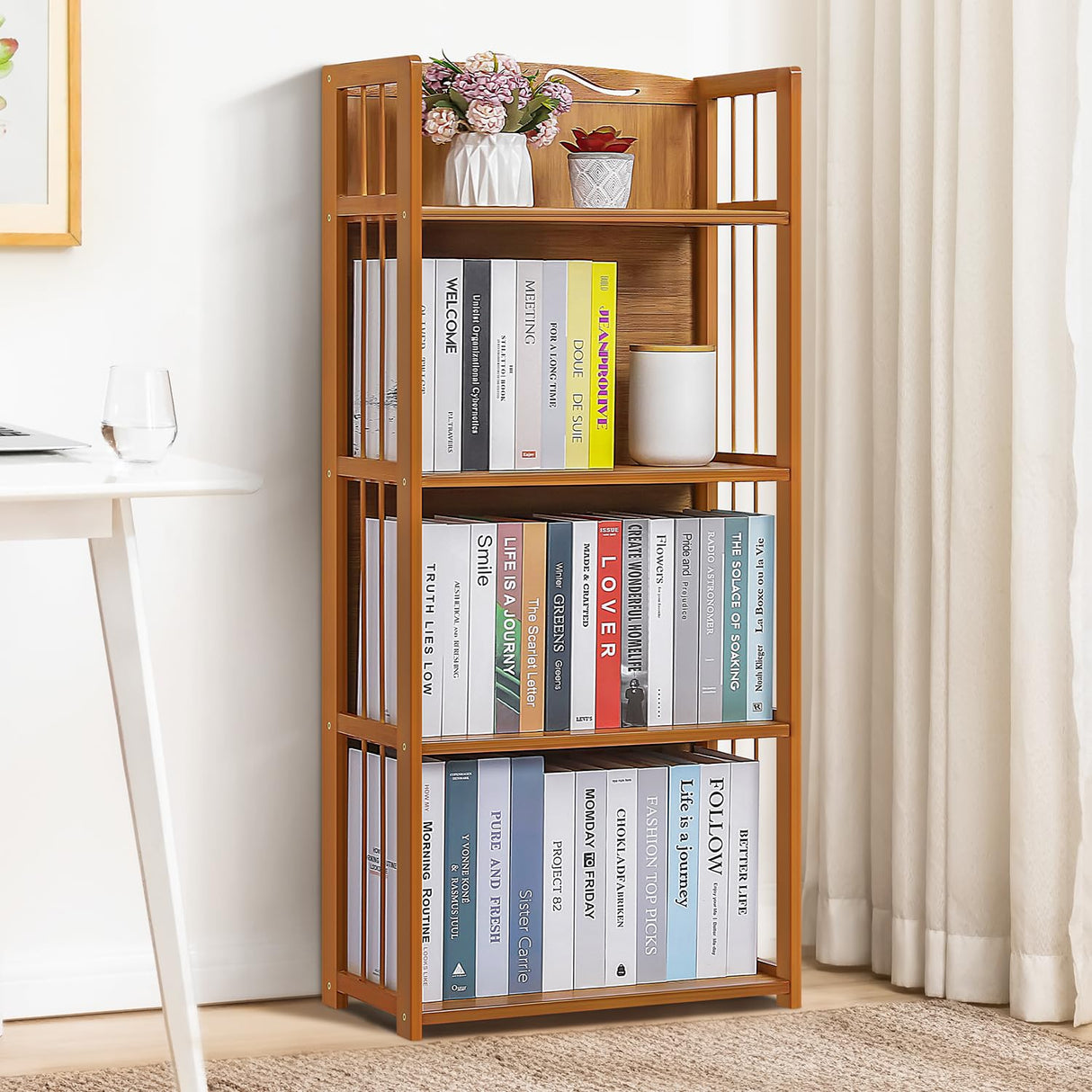 4 Shelf Bamboo Bookshelf Freestanding Display Shelf, Tall Bookcase Rack Organize for Home Office Library Small Narrow Space (Natural, 19.7" L x 9.8" W x 43.7" H)