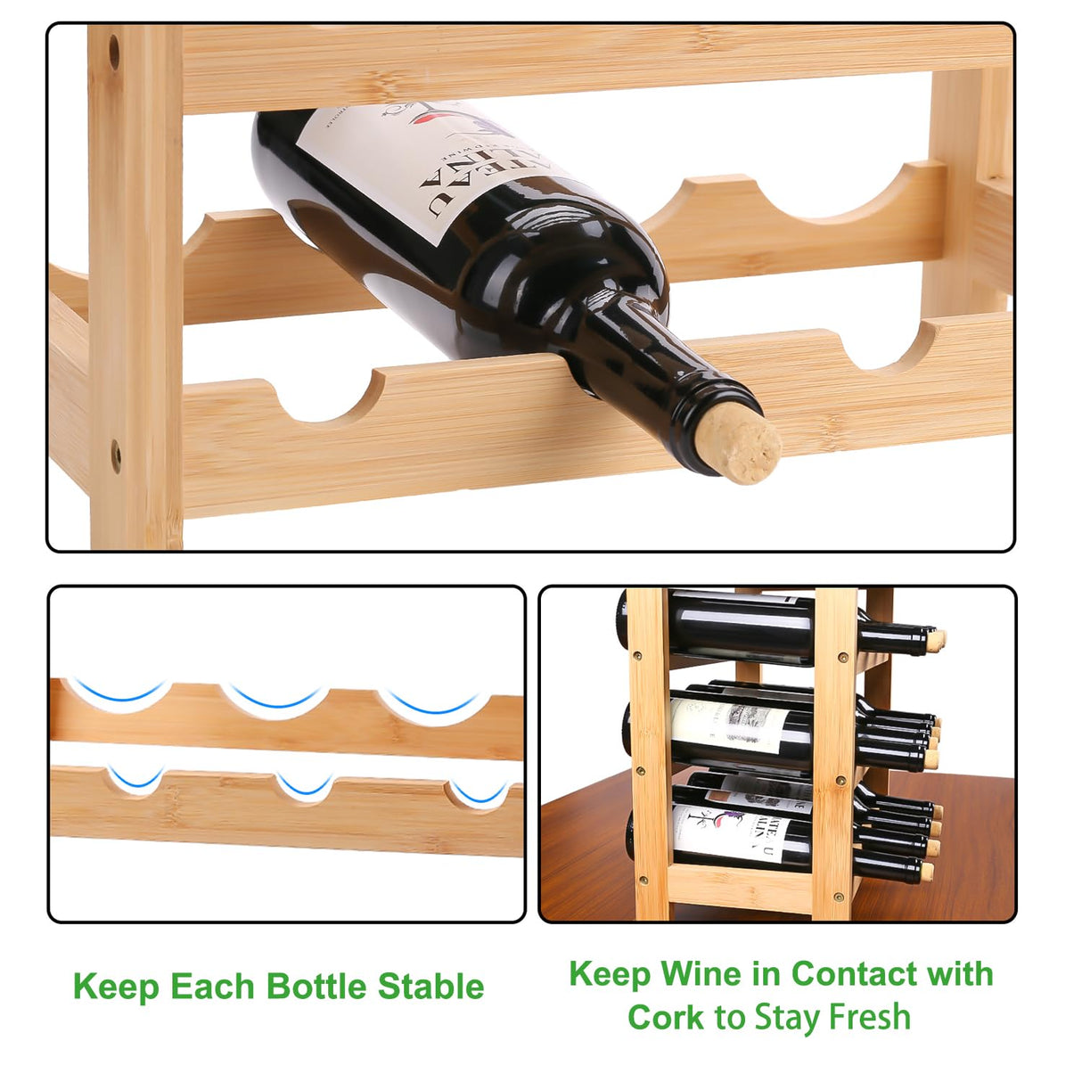 24 Bottles Wine Rack Freestanding Floor, Bamboo Wine Storage
