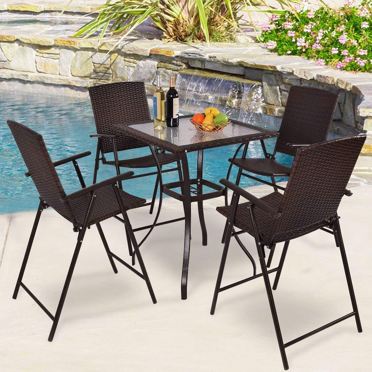 5 Pieces Patio Dining Set, 4 Folding Wicker Sling Chairs and Square Glass Top Table Set