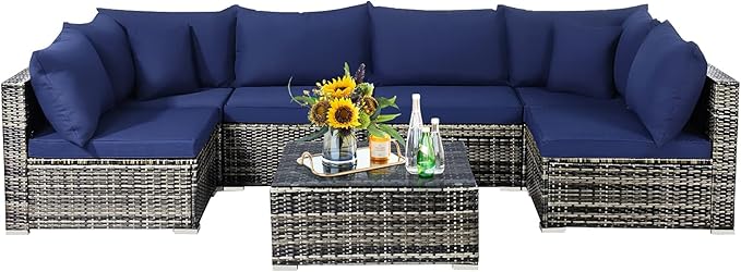 7 Pieces Patio Furniture Set, Patiojoy All-Weather Outdoor Rattan Sectional Sofa Set