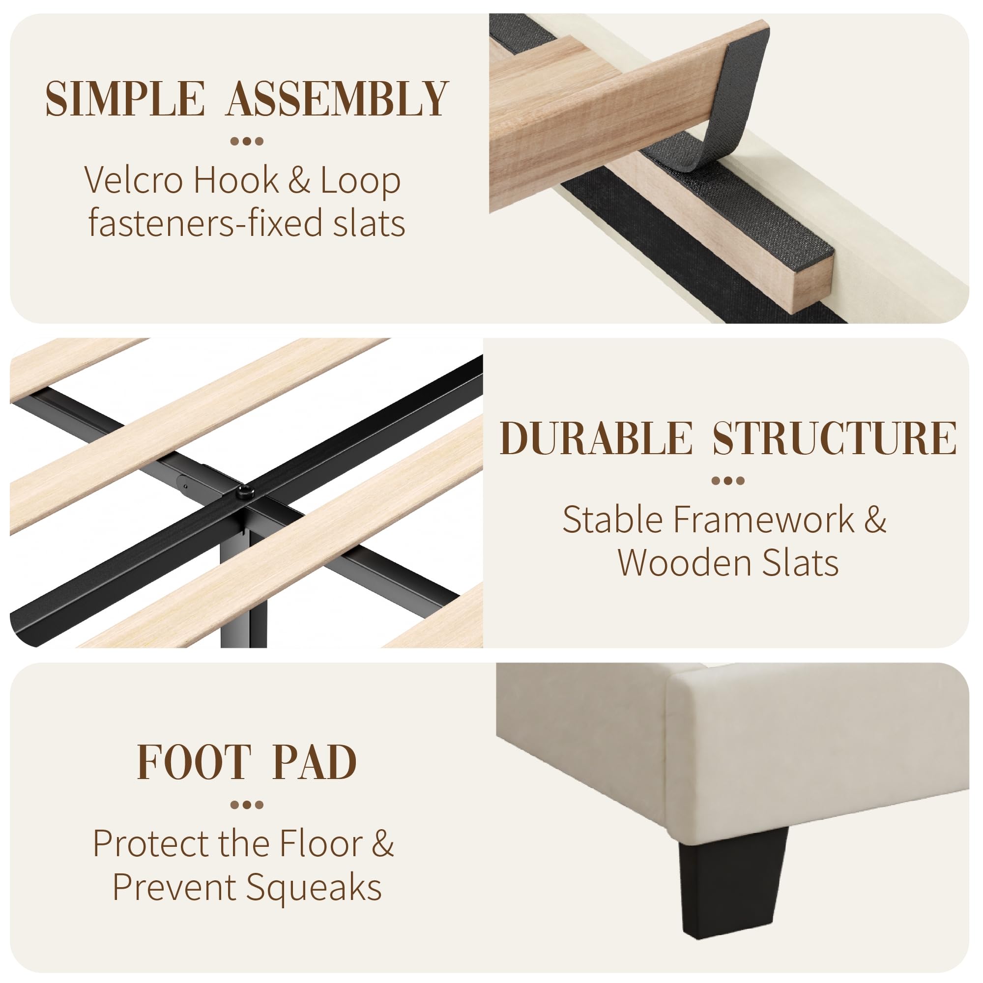 SwnftWinnt Queen Size Upholstered Bed Frame, Velvet Luxury Wingback Headback, Platform Bed with Deep Button Tufted & Nailhead Trim, No Box Spring Needed, Noise Free, Easy Assembly, Beige