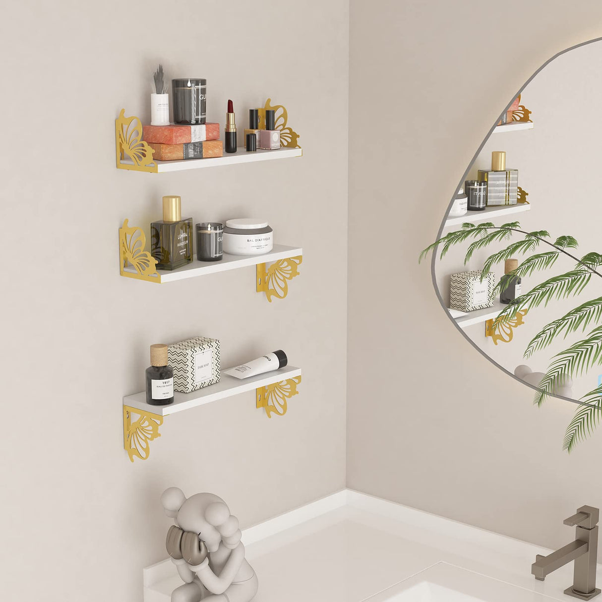 3 Pack Butterfly Wall Shelves, White Gold Floating Book Shelves, for Mother, Mom