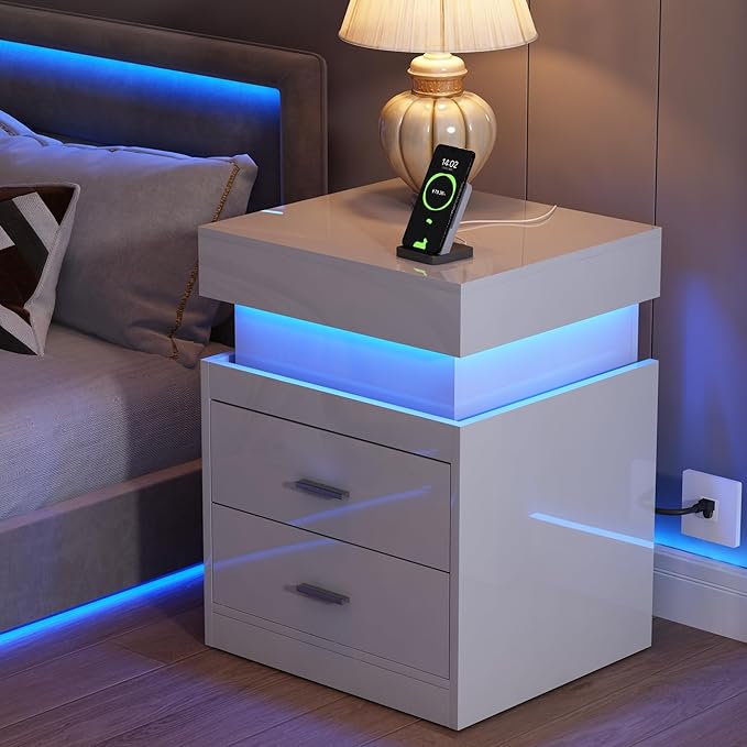LED Nightstand with Charging Station,Smart Night Stand