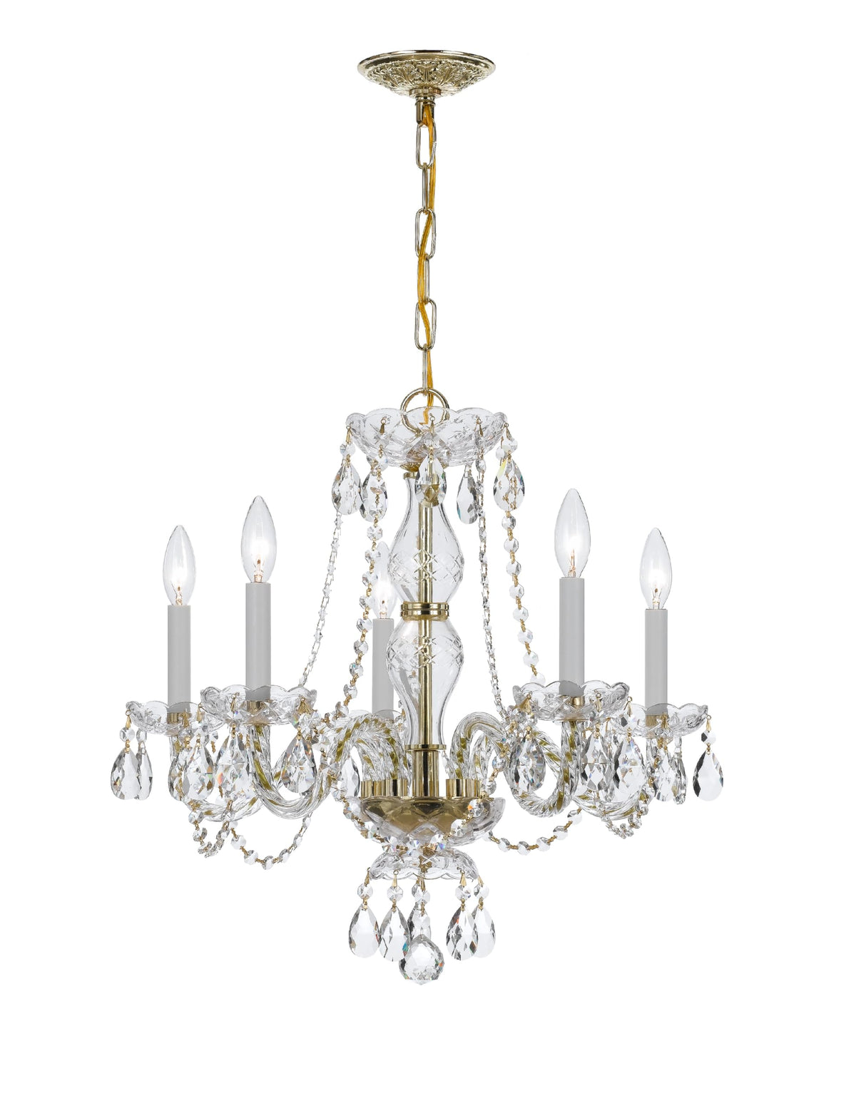 Traditional Crystal 5 Light Clear Italian Crystal Polished Brass Chandelier