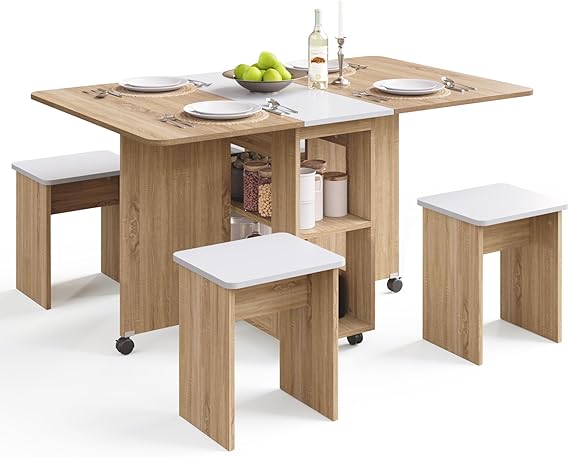 5-Piece Folding Dining Set with Storage & Wheels