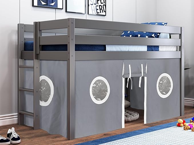 Contemporary Low Loft Twin Bed with a 3 Drawer Stairway, Gray with Blue & White Tent